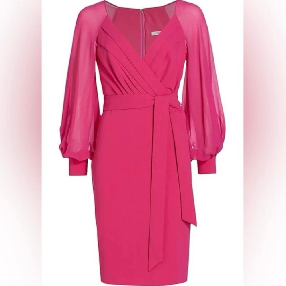 NWT Badgley Mischka Bishop Sleeve Belted Crepe Wrap Dress Pink Fuchsia Size 8